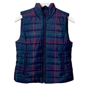 LOFT Ann Taylor Puffer Vest Size XS Navy Blue Preppy Plaid Zip front